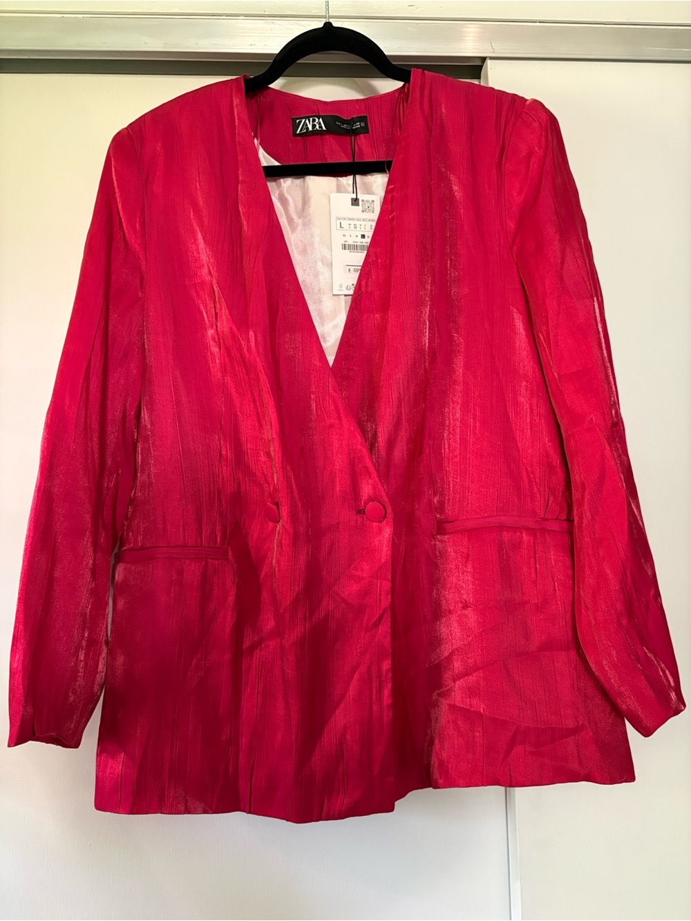 NWT Zara Women's size large Fuchsia Lightweight Lined Shimmer Blazer Jacket